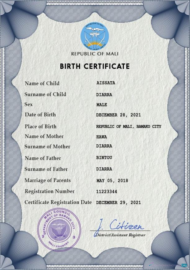 Download Mali birth certificate PSD template Photoshop template